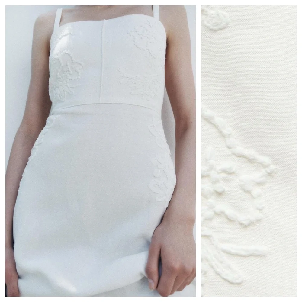 NWT. Zara ZW Collection Oyster-White Embroidered Midi Dress. Size XS. - Picture 4 of 15